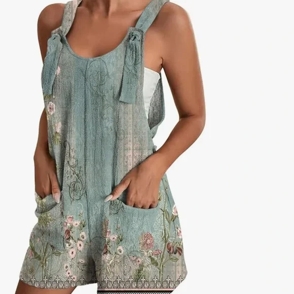 - NEW Vintage Boho Style Romper with tie sleeves Sage green - Picture 1 of 4